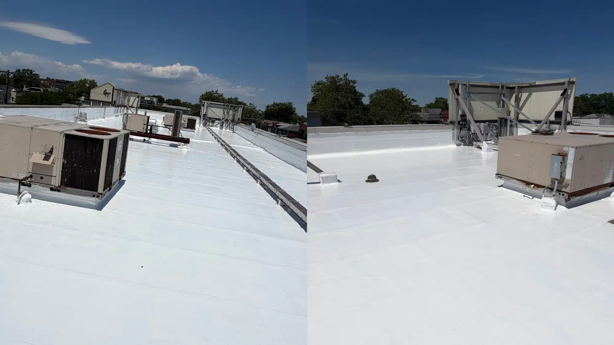 Skyline view of Huntington NY with a roofing contractor at work.